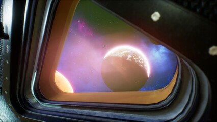 Wall Mural - watching the beautiful universe and unexplored planets from the porthole of a spaceship. the concept