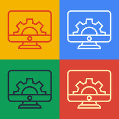 Aufkleber - Pop art line Computer monitor and gear icon isolated on color background. Adjusting, service, setting, maintenance, repair, fixing. Vector Illustration