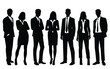Vector silhouettes of men and a women, a group of standing business people, black and white color isolated on white background