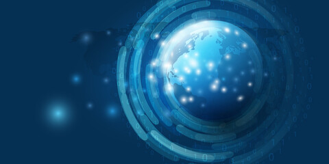Poster - Blue Futuristic Cloud Computing and Networks Concept with Earth Globe - Abstract Global Digital Connections, Glowing Network Nodes - Future Technology Background, Creative Design Template