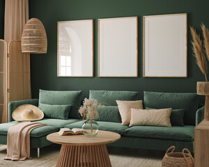 Home interior mock-up with green sofa, frames, table and decor in living room, 3d render