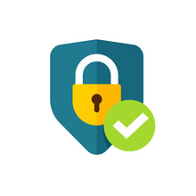 Secure Icon With Lock Shield And Check Mark As Flat Logo Design As Internet Antivirus Guard Private Protection Badge, Encryption Network Access Safety Padlock Concept Blue Yellow Color
