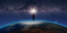 The Lighthouse Lights Above The Earth Shine And Illuminate The World, Milkyway Galaxy In The Background "Elements Of This Image Furnished By NASA"
