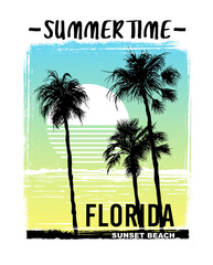Fototapete - Florida Sunset Beach illustration with palms and sun on colorful background