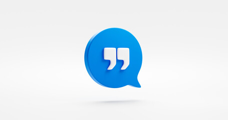 Blue text quote speech 3d icon of comma quotation word message bubble symbol or information opinion comment talk dialog sign and citation feedback chat mention mark flat isolated on white background.