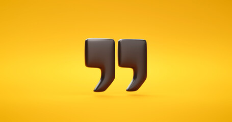 Black text quote speech 3d icon of comma quotation word message bubble symbol or information opinion comment talk dialog sign and citation feedback chat mention flat isolated on yellow background.