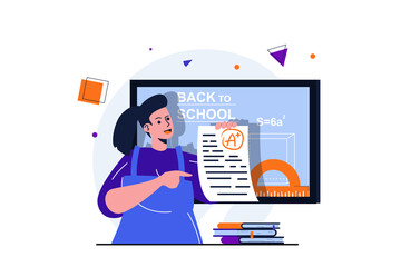 Wall Mural - Back to school modern flat concept for web banner design. Happy schoolgirl holds sheet with exam and gets highest score. Student studying at college. Vector illustration with isolated people scene