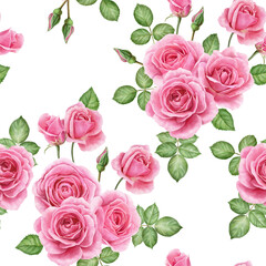 Seamless drawing with spring flowers and leaves. Flower pattern for wallpaper or fabric. Flower rose. Botanical tiles.