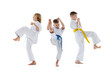 © master1305 - Group of kids, boys, taekwondo athletes wearing doboks training together isolated on white background. Concept of sport, martial arts