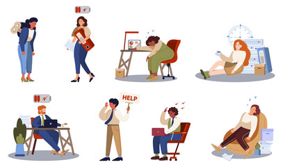 Poster - exhausted business man and woman in the office set. business people
