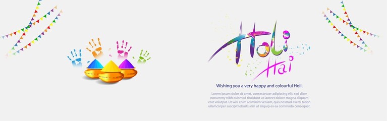 Vector illustration of Happy Holi greeting, written Hindi text means it's Holi, Festival of Colors, festival elements with colourful Hindu festive background