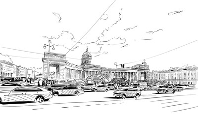 Wall Mural - Russia. Saint Petersburg. Kazan Cathedral hand drawn sketch. City vector illustration