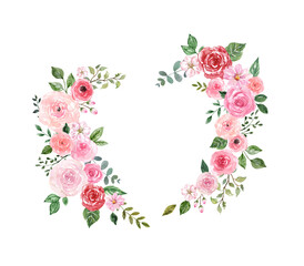 Watercolor floral heart wreath. hand painted graphic. Pink roses, spring flowers, foliage arrangement. Valentines day frame for cards, invitations. Botanical illustration.