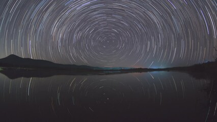 Wall Mural - 4k time-lapse video motion and lake of beautiful star trails and space dust in the universe, long sp