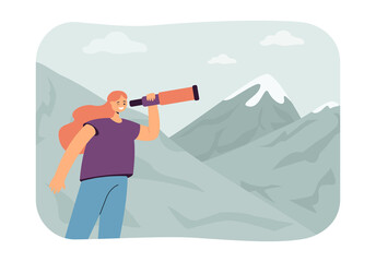 Poster - Woman with spyglass looking for opportunities in mountains. Female person setting goals and challenges flat vector illustration. Success, future, strategy concept for banner or landing web page