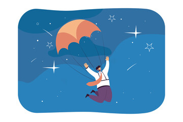 Poster - cheerful businessman flying with parachute in sky. happy cartoon office worker skydiving flat vector