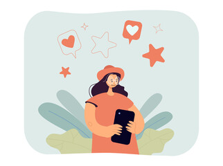 Poster - Female cartoon character posting content on social media. Girl liking posts online flat vector illustration. Communication, technology, Internet concept for banner, website design or landing web page