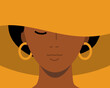 Elegant portrait of African American woman in a posh hat with wide brims. Illustration in a flat style