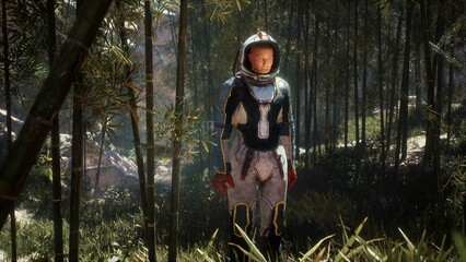 Wall Mural - an astronaut explorer admires the red moon of an uncharted green planet. the concept of discovering 