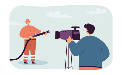 Sticker - Back view of cameraman filming fireman holding fire hose. Man with professional camera and firefighter flat vector illustration. Safety, protection, media concept for banner or landing web page