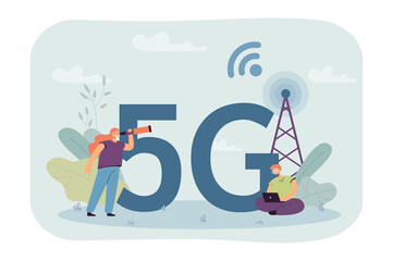 Poster - Tiny male and female characters with huge 5G symbol. Woman with spyglass and man with laptop, radio tower flat vector illustration. Internet, technology, connection concept for banner, website design