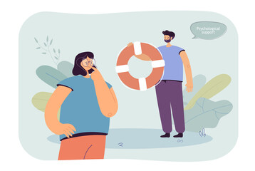 Poster - Therapist or friend holding lifebuoy as symbol of help. Woman thinking of therapy flat vector illustration. Psychology, support, mental health concept for banner, website design or landing web page