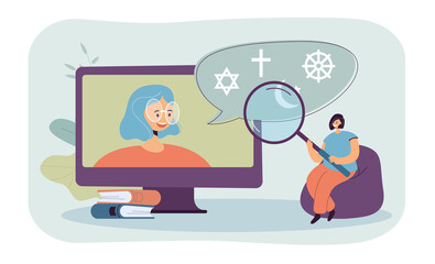Aufkleber - Tiny woman with magnifier watching video or webinar on religion. Huge computer screen with female person and religious symbols flat vector illustration. Online education, religion concept for banner