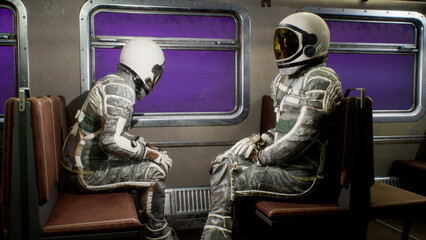 Wall Mural - astronauts fly on a space train through the universe at breakneck speed. a space train with astronau