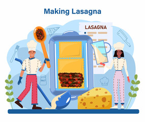 Wall Mural - Tasty lasagna. Italian delicious cuisine on the plate. People cooking