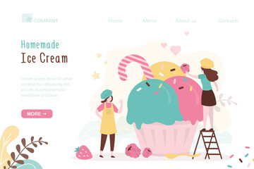 Homemade ice cream, landing page template. Girls decorates ice-cream with sprinkles and berries. Female workers preparing frozen dessert.