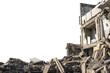 A large ruined building with a pile of construction debris and concrete debris isolated on a white background. The cut object