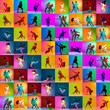 © master1305 - Collage with break dance or hip hop dancers dancing isolated over multicolored background in neon. Youth culture, movement, music, fashion, action.