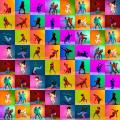 Wall Mural - Collage with break dance or hip hop dancers dancing isolated over multicolored background in neon. Youth culture, movement, music, fashion, action.