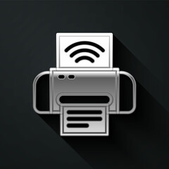 Sticker - Silver Smart printer system icon isolated on black background. Internet of things concept with wireless connection. Long shadow style. Vector