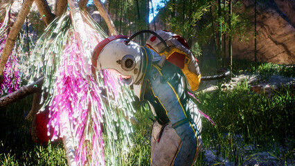 Wall Mural - An astronaut-scientist explores an unusual glowing alien plant on an alien planet. Space travel and exploration concept. 3D Rendering