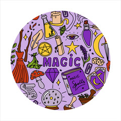 Wall Mural - Magic hand drawn doodle banners. Vector icons of magic items. Collection halloween elements. Magic broom, potions, fortune-telling cards, runes, books, magic wand, hourglass