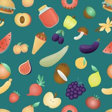 Edible Fruits, Vegetables, Mushrooms, Berries, Vector Seamless Pattern On Turquoise Background For Kids, Help With Learning In Kindergarten And School
