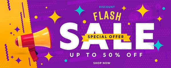 flash sale discount special offer header banner template. shop now with half price advertisement. up