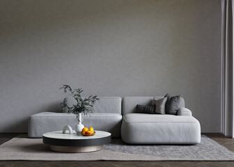 Poster - Minimalist gray interior with sofa and coffee table on the carpet. Big empty wall mock up. 3D render. 3D illustration.
