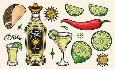 Wall Mural - Colorful vintage elements of tequila drink