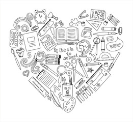 Fototapete - Back to school heart. Big vector doodle set. Stationery for school, university and office. Hand-drawn school supplies. A set of colored flat icons. Cartoon illustrations for elementary school.