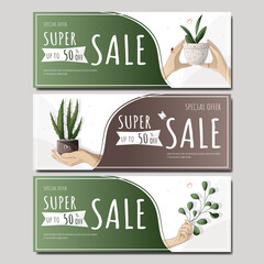 Wall Mural - A set of flyers for the sale of houseplants, home garden, gardening, plant lovers, the concept of a houseplant store, greenhouse, flower shop, houseplant sales