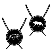 Japanese Samurai Katana Swords And Round Metal Shield With Running Wolf Silhouette For Security Concept Black And White Vector Emblem Design