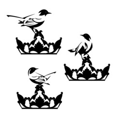 Wall Mural - elegant small bird sitting on royal crown - fairy tale princess pet animal black and white vector si