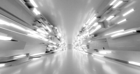 Poster - 3d rendering. a corridor made of light marble with decorative elements on the wall extending into th