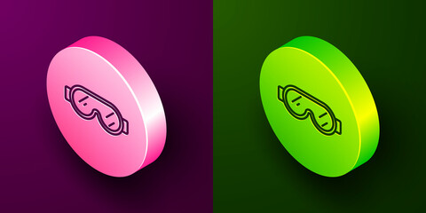 Poster - Isometric line Safety goggle glasses icon isolated on purple and green background. Circle button. Vector