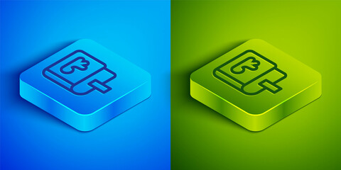 Wall Mural - Isometric line Viking book icon isolated on blue and green background. Square button. Vector