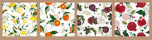  Big Set Vector Seamless Pattern With Garnet, Lemon, Orange And Figs Branch. Green Leaves, Fruit, Flowers