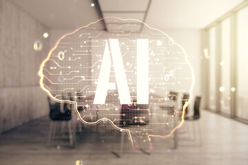 Poster - virtual creative artificial intelligence hologram with human brain sketch on a modern coworking room