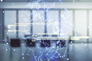 Poster - Abstract virtual coding illustration and world map on a modern coworking room background, international software development concept. Multiexposure